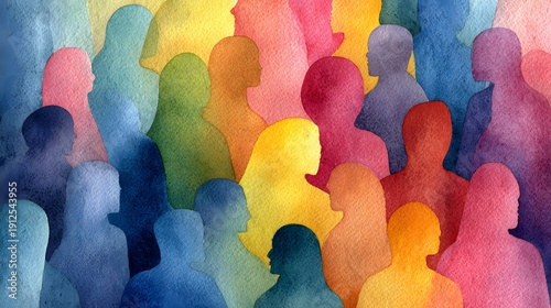 Diverse Group of People Silhouettes in Vibrant Watercolor Hues.