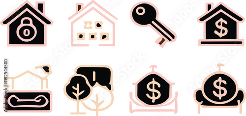 Minimal real estate investment and property finance vector icon set featuring house security mortgage key and asset symbols