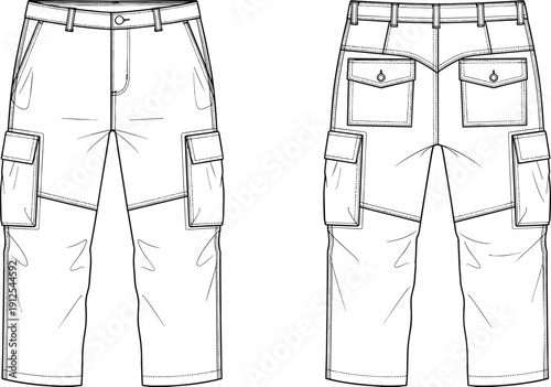 Technical vector tech pack of utility cargo trousers with side pockets and flap back pockets for fashion design