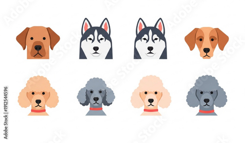 Cartoon Dog Breeds Icon Set Flat Vector Illustration on White Background