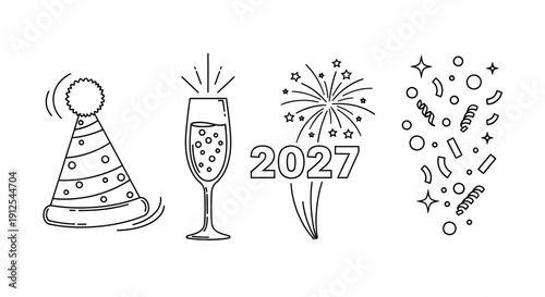 New Year's Eve Celebration 2027: Party Hat, Champagne, Fireworks, Confetti Icons