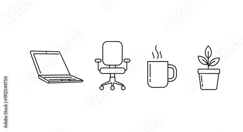 Office Workspace Icons: Laptop, Chair, Coffee Mug, and Plant on White Background
