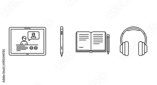 Online Learning and Education Icons: Tablet, Stylus, Open Book, Headphones