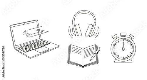 Online Learning Concept: Laptop, Headphones, Book, Stopwatch - Digital Education Icons