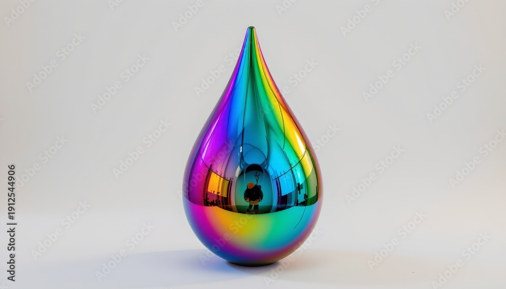 Fototapeta premium A shiny metallic object resembling a drop of liquid or tear, with a rainbow pattern that reflects the light in various colors, against a neutral background