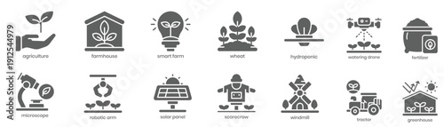 Smart agriculture and farming technology icon set in modern flat vector style isolated on white background.