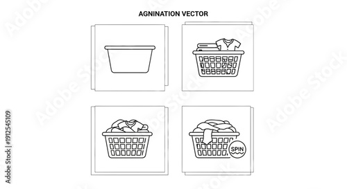 Laundry basket icons: empty, folded clothes, full, and with spin cycle symbol