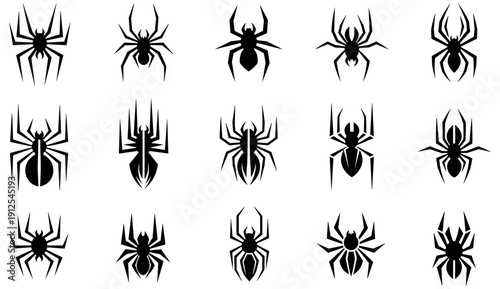 Set of black spider silhouette icons featuring various arachnid species designs for Halloween spooky decor tribal tattoo art and nature graphic projects (22 words)