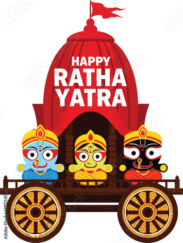 Vector illustration for Happy Ratha Yatra festival featuring Lord Jagannath Balabhadra and Subhadra on a traditional chariot