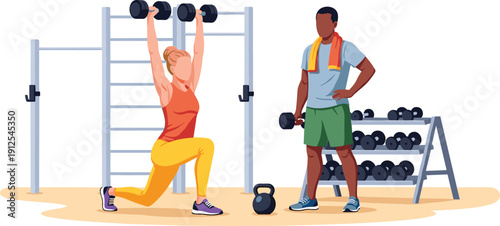 Vibrant flat vector of woman performing dumbbell lunges with personal trainer in gym for fitness coaching branding