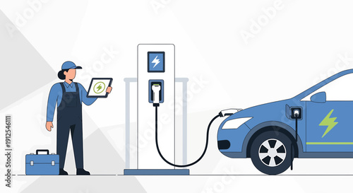 Electric Car Charging Station: Technician with Tablet and Toolbox