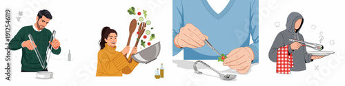 Diverse vector illustrations of people engaging in various culinary activities: mixing salad, careful garnishing, and serving prepared meals.