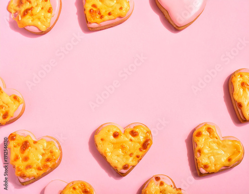 Heart Shaped Mini Pizzas or Cheesy Cookies on Pink Background, Romantic Food Concept for Valentine's Day