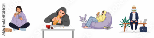 Young adults eating sandwiches and comfort food in various casual and contemporary scenarios.