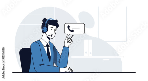 Customer service agent with headset, communication icon, professional work setting
