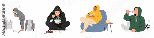 Set of illustrations showing young people in hoodies eating breakfast cereal, representing comfortable indoor lifestyle, relaxation, and morning routine.