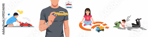 Diverse collection of people enjoying play and hobbies related to toy cars, including kids playing on the floor and an adult collecting vintage models.
