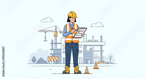 Female Engineer Inspecting Construction Site with Blueprint and Safety Vest