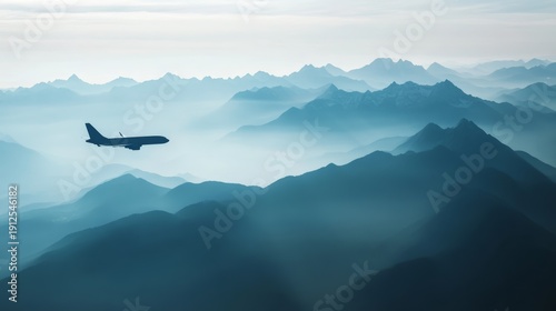 Airplane is flying over a misty mountain range at sunset, creating a sense of tranquility and adventure. The blue toned landscape evokes a feeling of peace and serenity