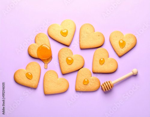 Heart Shaped Cookies or Biscuits with Sweet Honey or Jam on Purple Background. Top View Flat Lay of Valentine's Day Treats and Romantic Snacks