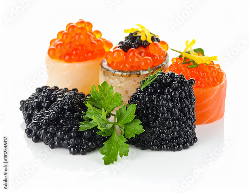 Gourmet Selection of Red Salmon Roe and Black Caviar with Fish Sushi Rolls on White Background