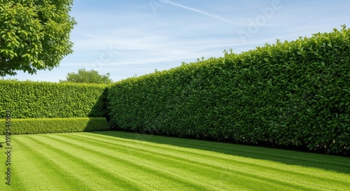 Neatly trimmed green hedge and freshly mown lawn with striped patterns under a clear blue sky, ideal for garden design or property branding.