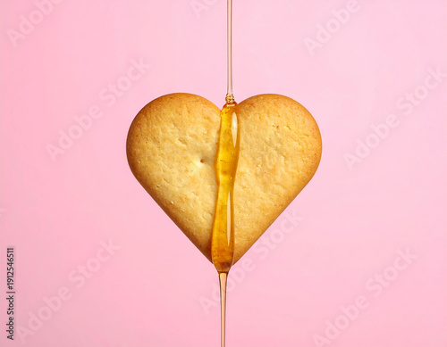 shaped butter biscuits drizzled with golden honey, glossy honey flow, soft past