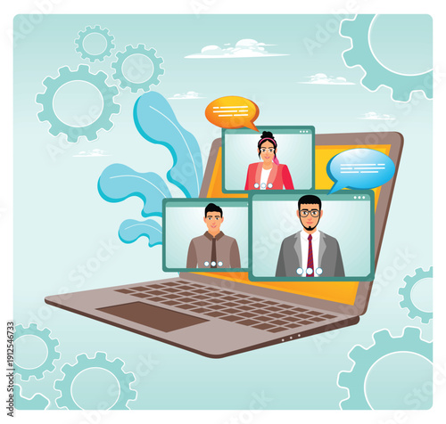 Online Meetup. Virtual Team Meeting On Laptop With Multiple Video Windows And Chat Bubbles.