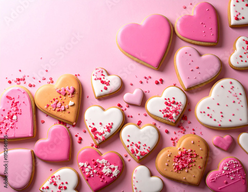 Heart-shaped sugar cookies with pink and white frosting and sprinkles for Valentine's Day, romantic sweets and biscuits on a pink background