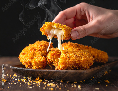 Hot and Crispy Fried Mozzarella Cheese Bites with a Delicious Melting Cheese Pull and Rising Steam, Savory Breaded Appetizer Snack