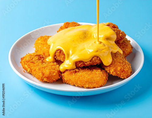  Crispy Fried Chicken Nuggets with Melted Cheese Sauce Being Poured Over on a Plate, Tasty Golden Breaded Chicken Bites or Fingers Snack