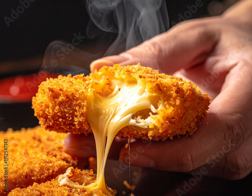 Hand holding a hot breaded mozzarella stick or fried cheese nugget with gooey melted cheese pull and steam, crispy appetizer snack