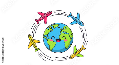 Illustration of a smiling globe surrounded by airplanes in a playful, colorful design for Global Tourism Resilience Day, symbolizing travel comeback and safety.