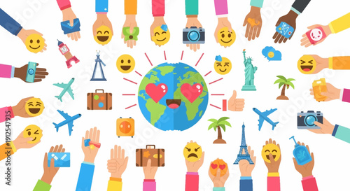 Illustration of a vibrant, playful tourism concept with diverse hands and icons surrounding the Earth, symbolizing global tourism resilience and comeback.
