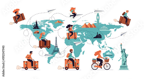 Illustration of a global tourism comeback concept with people traveling and icons on a world map, symbolizing resilience and safety in travel.