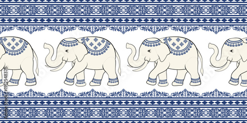 Canvas Print Seamless vector illustration of a group of elephants with traditional Damask floral patterns in a horizontal layout, perfect for borders, wallpapers, backgrounds, various designs, and prints