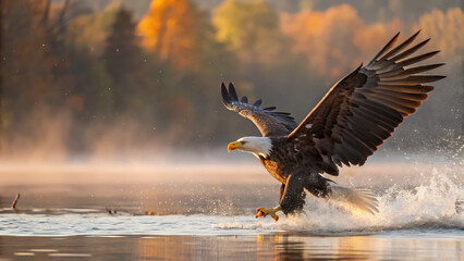 Bald eagle hunting fish mid-air splash wings spread nature wildlife autumn lake