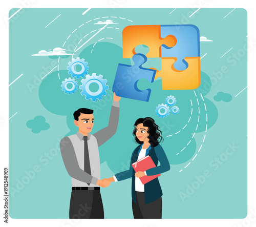 Mutual Assistance. Business Partners Shaking Hands to Solve Puzzle With Gears.