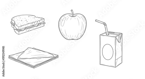 Healthy Lunchbox: Sandwich, Apple, Juice Box, and Napkin - Top View