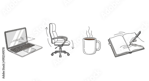 Home Office Setup: Laptop, Ergonomic Chair, Coffee, and Notebook for Work or Study