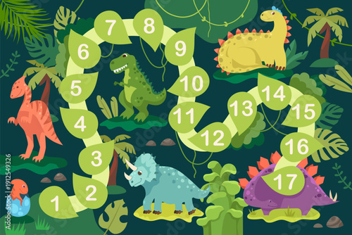 Board game. Move. Cartoon dinosaurs. Vector flat illustration. Colorful characters. Frame of board game
