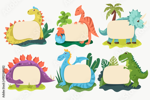 Cartoon dinosaurs. Vector flat illustration. Template for frames, stickers, banner. Colorful characters.