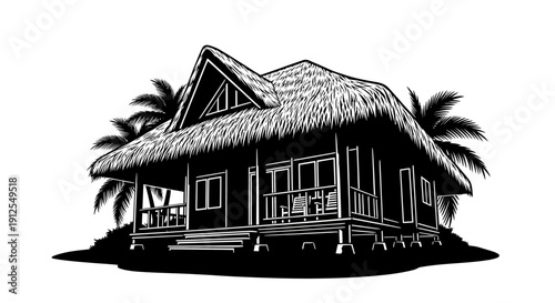 Traditional wooden house illustration showcasing a rustic rural home with textured roofing and classic architectural structure. This black and white artistic representation reflects countryside living