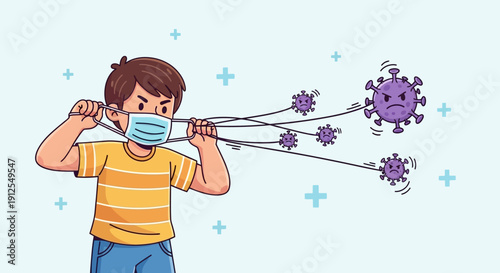 Young boy removing face mask with viruses flying out.
