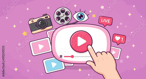 Hand interacting with digital video player surrounded by media icons.