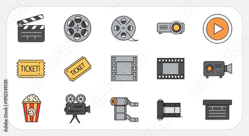 Collection of Cinema and Film Icons in Various Styles.