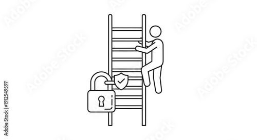 Worker climbing ladder illustration with security lock symbol representing workplace safety, risk management, and controlled access procedures. This clean line design highlights occupational safety st