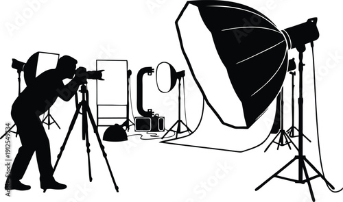 Photographer Working in Professional Studio with Lighting Equipment Silhouette Illustration