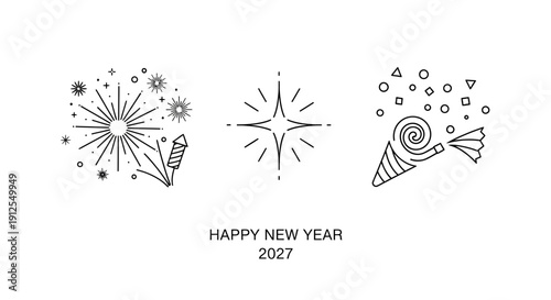 Happy New Year 2027 Icons: Fireworks, Star, Party Blower, Confetti