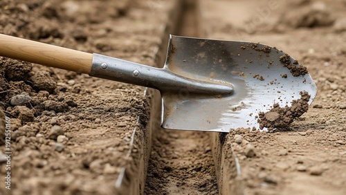 Close-up of shovel digging furrow on cultivated brown soil ground view